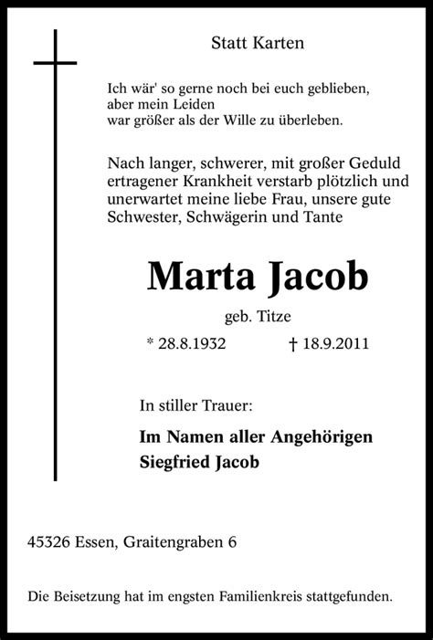 Traueranzeigen Von Marta Jacob Trauer In Nrw De