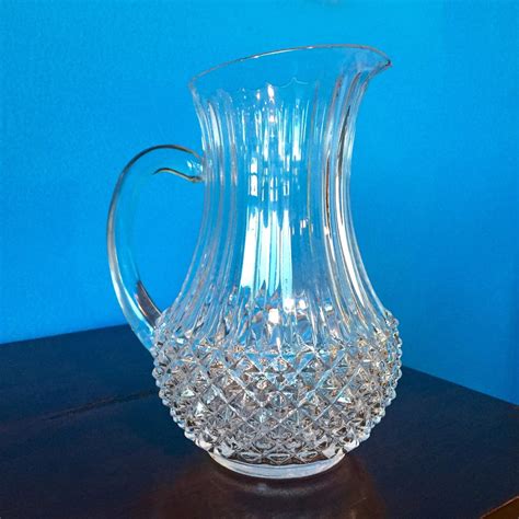 Large Vintage Cut Crystal Glass Pitcher With Handle Hobnail And Sunburst