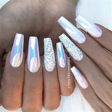 REPOST White Coffin Nails With Aurora Effect And Glitter