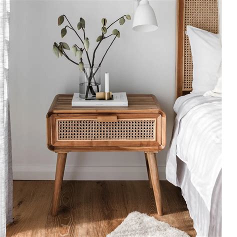 Japandi Natural Rattan Nightstand Solid Wood Bedside Table With Drawers