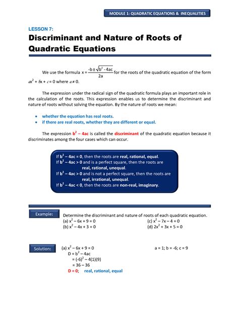 Lesson Discriminant And Nature Of Roots Of Quadratic Equations We