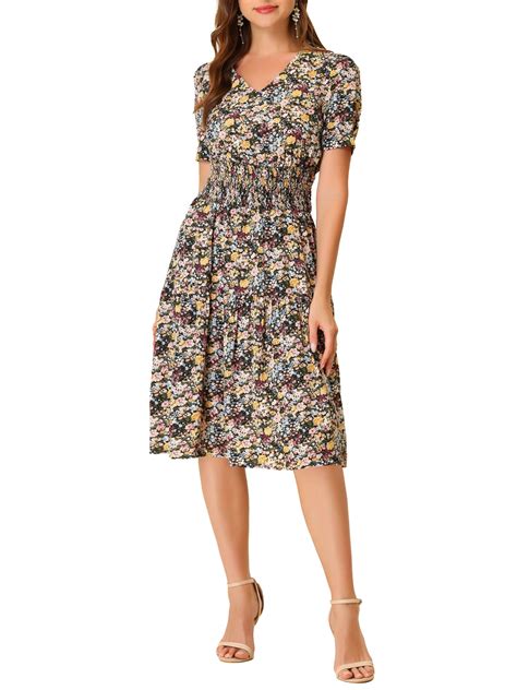 Allegra K Womens Floral V Neck Short Sleeve Fit And Flare Smocked