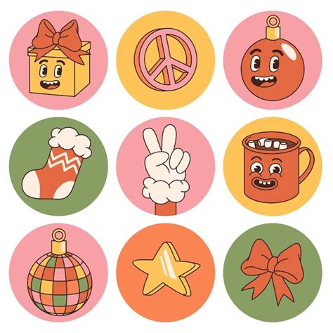 Premium Vector Groovy Hippie Christmas Stickers Peace Cocoa Star Ball