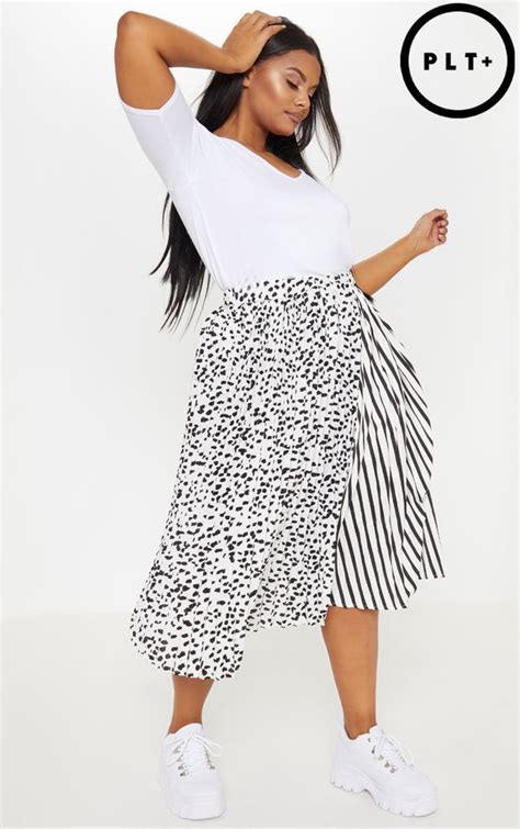 Plus White Mixed Print Pleated Midi Skirt Moda Moda Contemporánea Gorditas