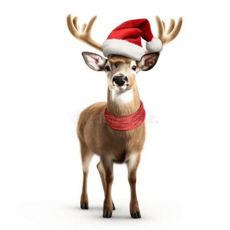 Cartoon Reindeer With Red Nose And Santa Hat Photorealistic 3d