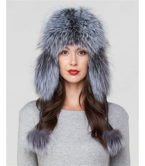 Womens Blue Fox Fur Excursion Trapper Hat With Pom Pom FurHatWorld