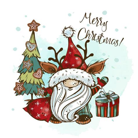 Cute Christmas Gnome With Gifts In Doodle Style Greeting Card Vector