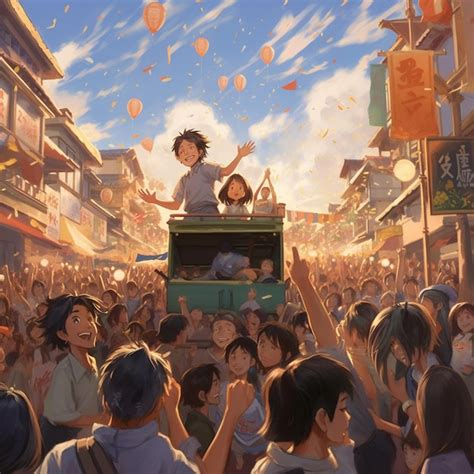 Premium Photo Anime Scene Of A Crowd Of People In A City With A Man