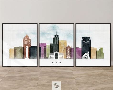 Raleigh NC Set Of 3 Print Raleigh Skyline Poster Set Wall Art