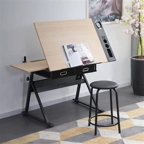 Adjustable Height Wooden Drafting Table With Storage Drawers And Stool