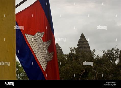Cambodian National Flag In Front Of Angkor Wat Stock Photo Alamy