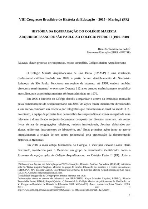 Pdf Hist Ria Da Equipara O Do Col Gio Marista Arquidiocesano De S O