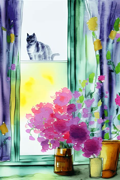 Soft Watercolor Blurred Paint Cat Laying On Window Sill Bright