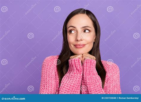 Photo Of Thought Mature Brunette Lady Look Empty Space Wear Pink Jumper