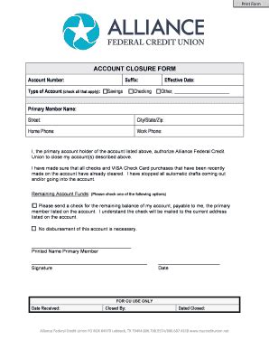 Fillable Online Account Closure Form Alliance Federal Credit Union