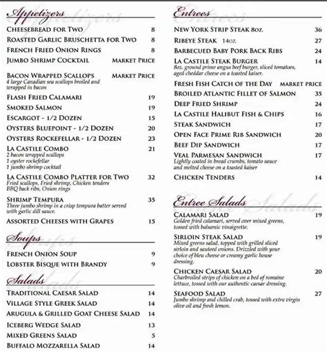 Menu at La Castile steakhouse, Mississauga