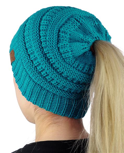 C C Beanietail Soft Stretch Cable Knit Messy High Bun Ponytail Beanie