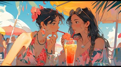 Premium Ai Image Lofi Girls In A Bikini On A Beach Bar Anime Background Design Wallpaper In