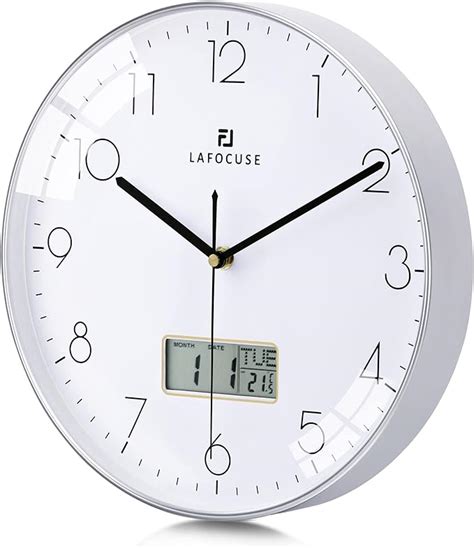 Lafocuse Reloj De Pared Calendario Plateado Con Fecha Y Termometro Lcd