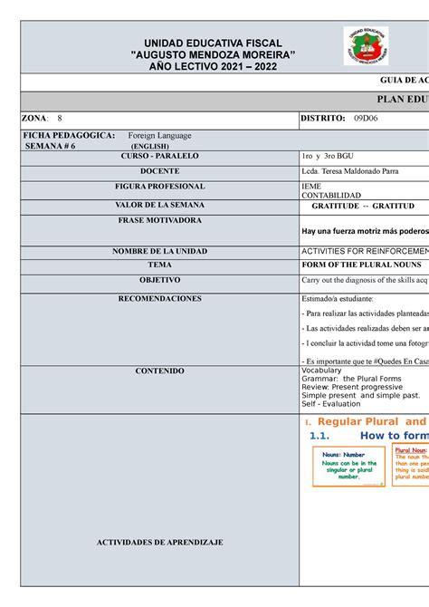 Nivelacion Formativa Area Ingles Semana Unidad Educativa Fiscal