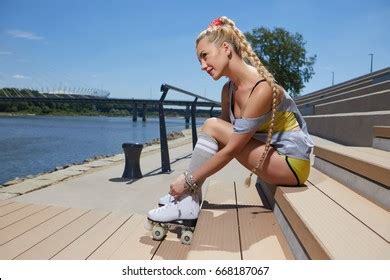 Sexy Blonde Riding On Retro Roller Stock Photo 746776462 Shutterstock