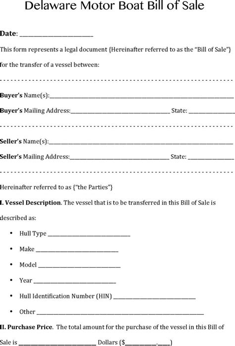 Delaware Boat Bill Of Sale Download The Free Printable Basic Bill Of