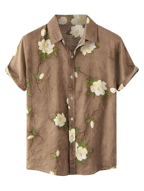 Flowers Pattern Short Sleeves Shirt Light Khaki Deep Red Casual Shirts Mens Shirts Spring Shirts