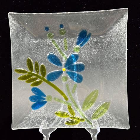 Vintage Fused Art Glass Charger Plate Platter Blue Flower Square 8 75d Glass Etsy