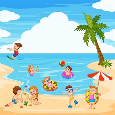 niños felices de dibujos animados jugando en la playa 8916617 Vector en