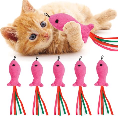 5Pcs Catnip Toy Set - Interactive Pink Fish & Feather Teaser for ...