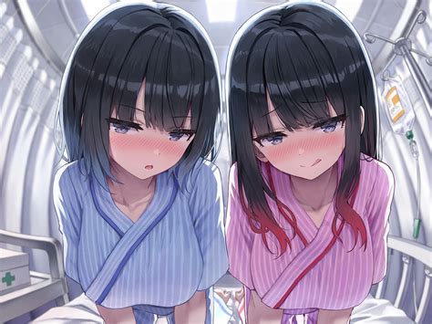 2girls Bed Black Eyes Black Hair Blush Close Long Hair Original