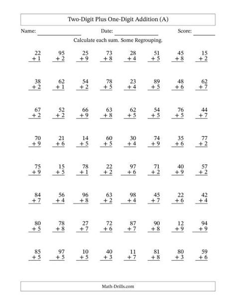 Two Digit Plus One Digit Addition With Some Regrouping 64 Questions A