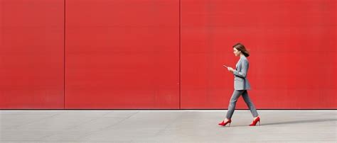 Premium Ai Image A Woman Walking Down A Sidewalk In Front Of A Red Wall