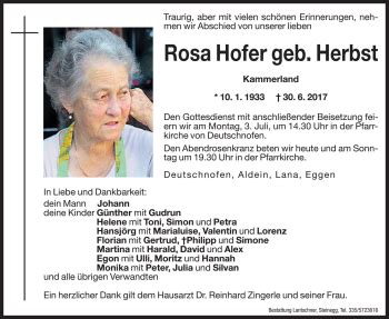 Traueranzeigen Von Rosa Hofer Trauer Bz