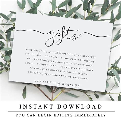 Printable Wedding Gift Registry Template Wedding Insert Etsy Fanny