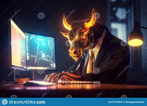 Bull Trading With Computer With Graph On Screen Bullish In Stock