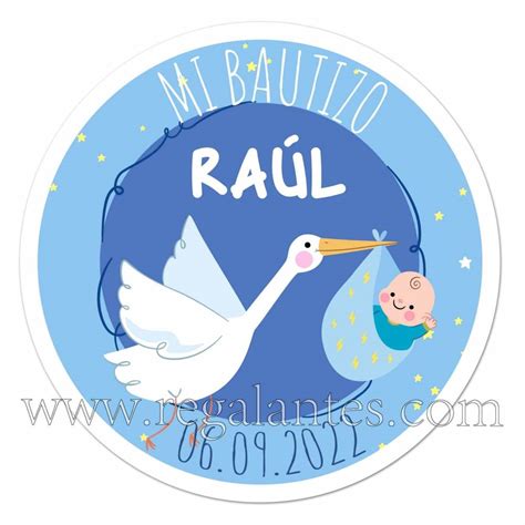 Pegatina Personalizada Para Bautizos De Niños Con Cigüeña Raúl ️