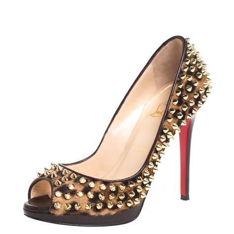 Christian Louboutin Leopard Print Calfhair Yolanda Spikes Peep Toe Pumps Size 37 Christian