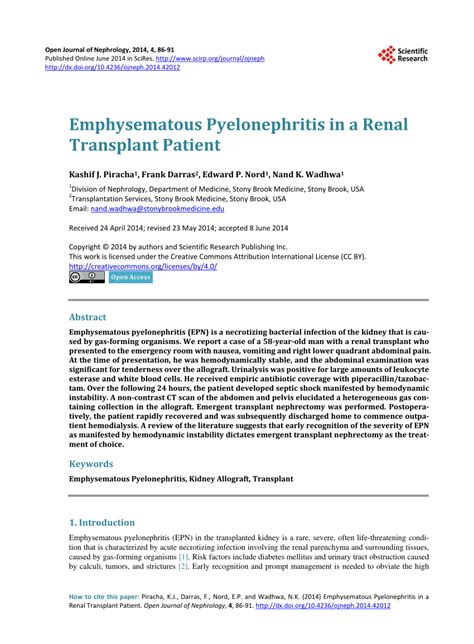 Pdf Emphysematous Pyelonephritis In A Renal Transplant Patient