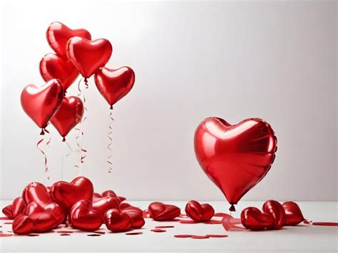 Mago de globos rojos en forma de corazón y corazones sobre un fondo