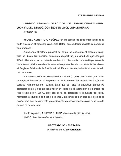 Medida Cautelar Expediente 552 Juzgado Segundo De Lo Civil Del