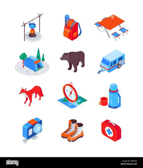 Camping And Hiking Equipment Modern Isometric Icons Set Stock Vector