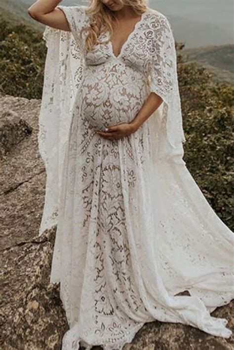 White Lace Puffy Sleeves Pregnancy Photoshoot Gown Glamix Maternity Lace Maternity Dress