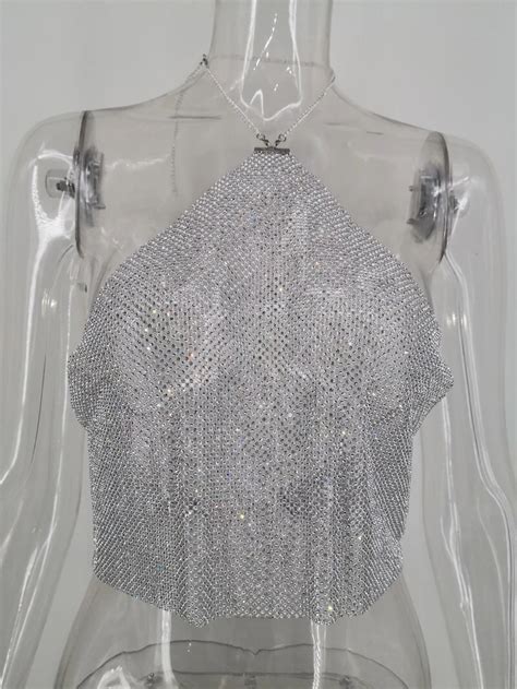 Billionm Halter Metal Chain Diamond Crop Top Women Y2k Sparkling Bling