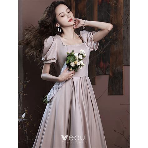 Hermoso Nude Perla De Fiesta Vestidos De Graduaci N A Line Princess Sat N Escote Cuadrado