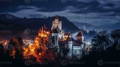 Night view of Bran Castle - Dracula Castle. Generative AI 32975483 ...