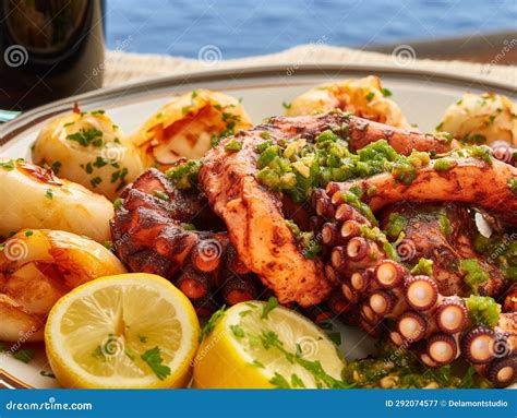 Roasted Octopus Bbq With Baked Potato Wooden Plate