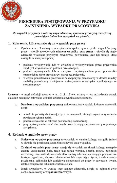 PROCEDURA POSTĘPOWANIA W PRZYPADKU ZAISTNIENIA WYPADKU PRACOWNIKA PDF