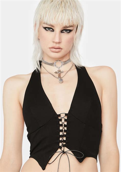 Lace Up Halter Vest Crop Top Black Dolls Kill