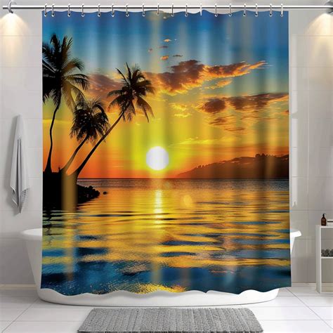 Ocean Sunset Paradise Shower Curtain Tropical Palm Trees Bathroom Decor